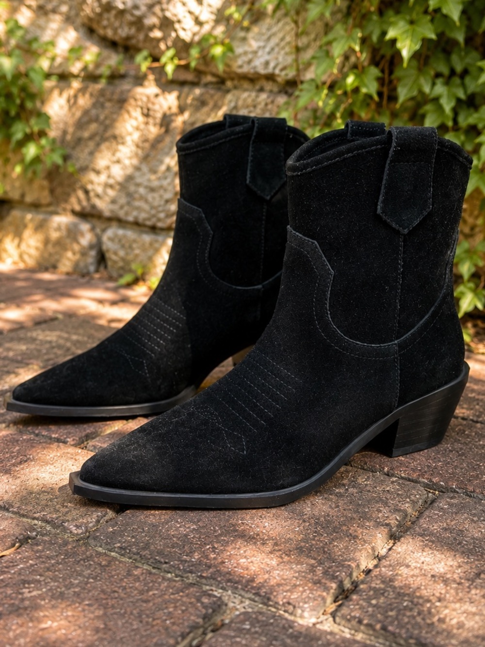 INTENTIONALLY BLANK Coastal Cowgirl Black Suede Western Ankle Boots, 6